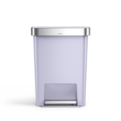 Front view Simplehuman 45L Hybrid Step Can, Ultra Violet, Brushed Steel trim, hands-free pedal.