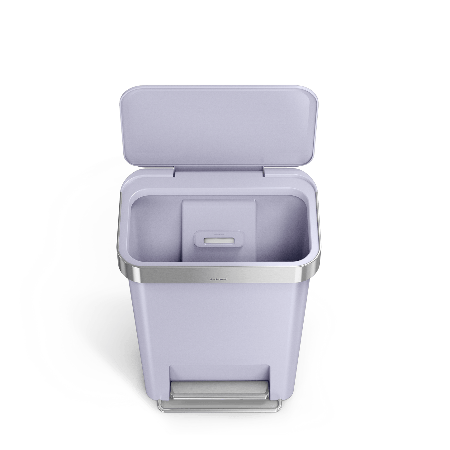 Top-down view of Simplehuman 45L Hybrid Step Can, Ultra Violet/Brushed Steel, open, showing internal liner pocket.