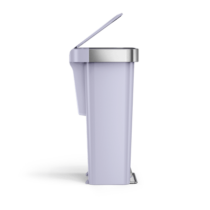 Simplehuman 45L Hybrid Step Can, Ultra Violet/Brushed Steel, profile view, lid partially open.