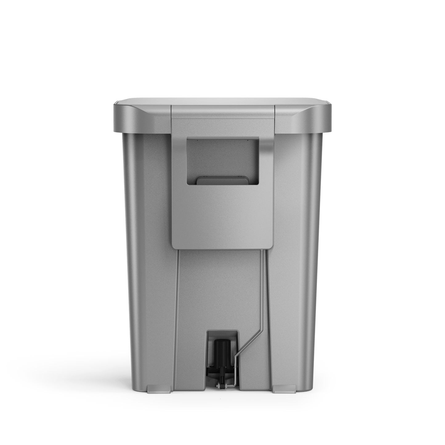 Back view of Simplehuman 45L Hybrid Step Can, Brushed Stainless Steel, showing integrated carry handle and pedal linkage.