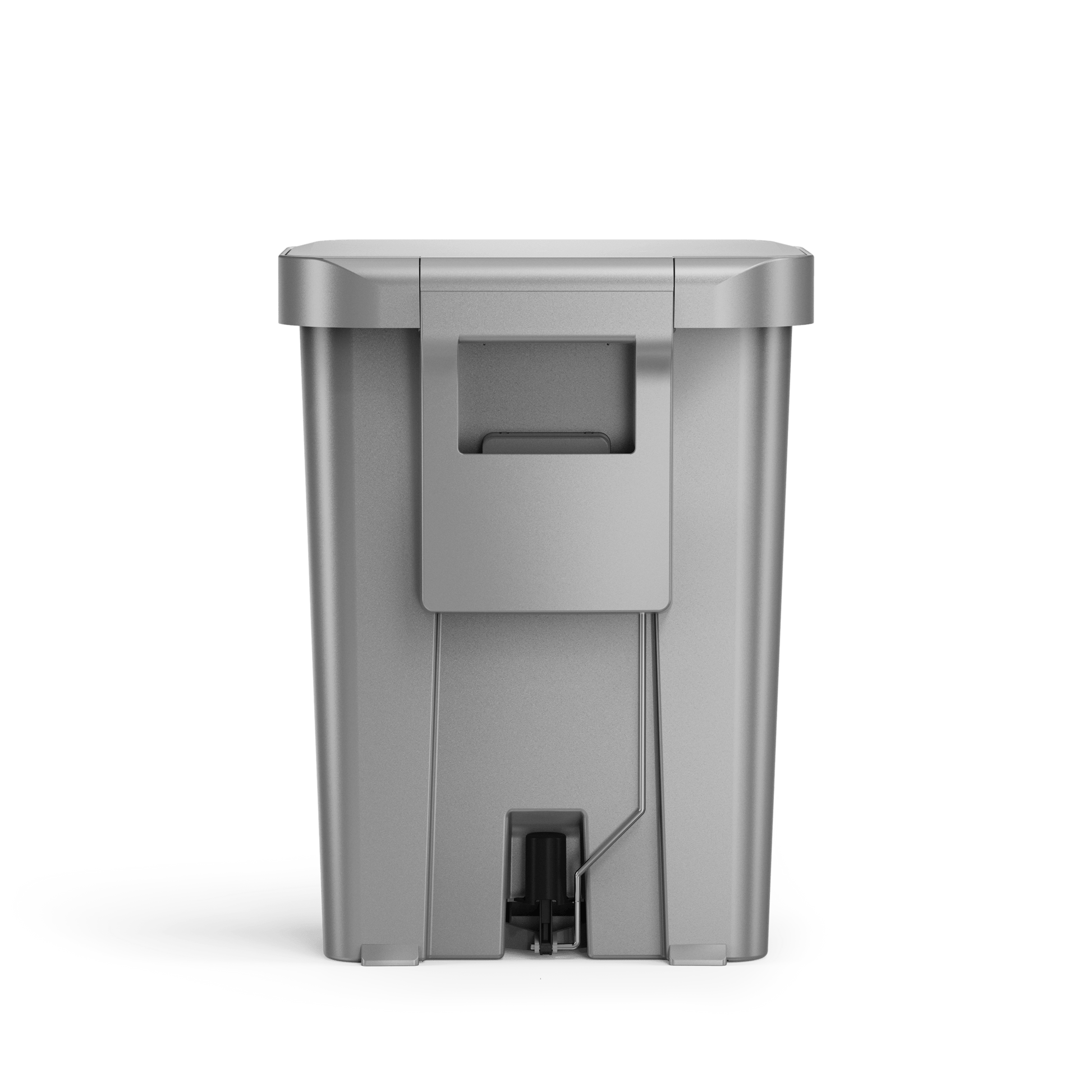 Back view of Simplehuman 45L Hybrid Step Can, Brushed Stainless Steel, showing integrated carry handle and pedal linkage.
