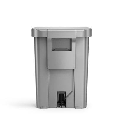 Back view of Simplehuman 45L Hybrid Step Can, Brushed Stainless Steel, showing integrated carry handle and pedal linkage.