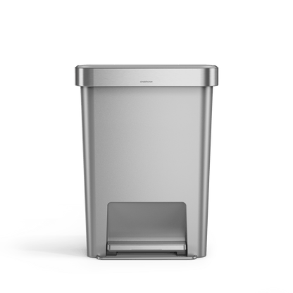 Front view of Simplehuman 45L Hybrid Rectangular Step Can, Brushed Stainless Steel, hands-free foot pedal.
