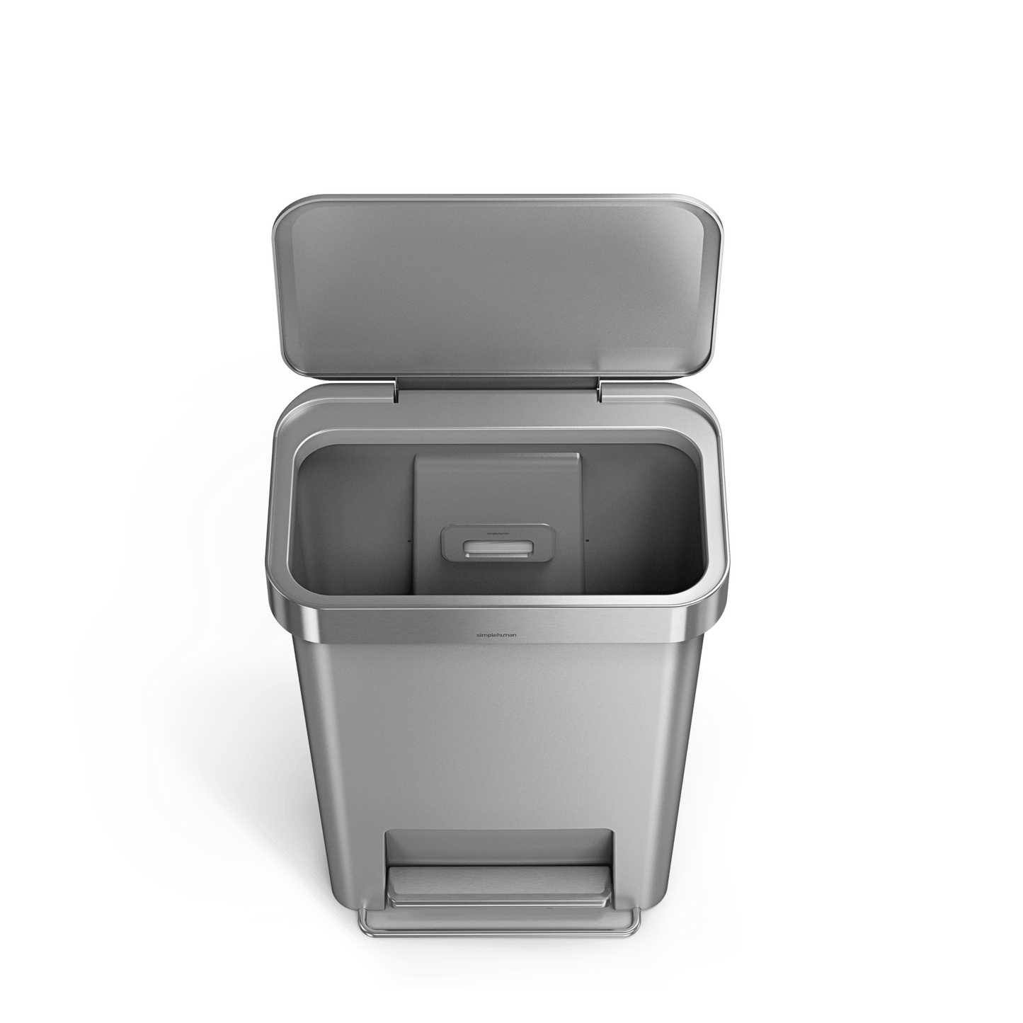 Simplehuman 45L Hybrid Step Can in Brushed Stainless Steel, open view showing liner rim and internal bag dispenser.
