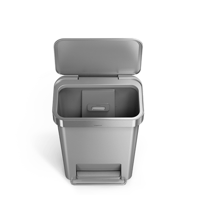 Simplehuman 45L Hybrid Step Can in Brushed Stainless Steel, open view showing liner rim and internal bag dispenser.
