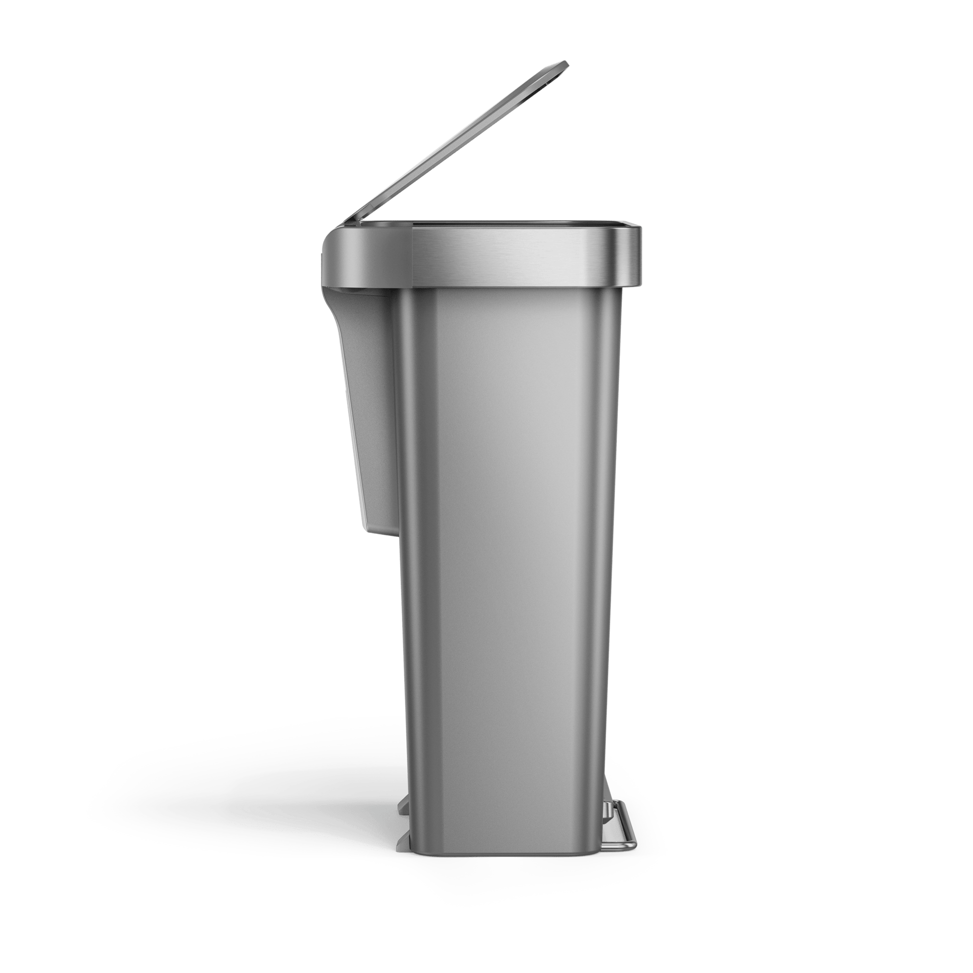 Profile view of Simplehuman 45L Hybrid Step Can, Brushed Stainless Steel, lid partially open, hands-free pedal.