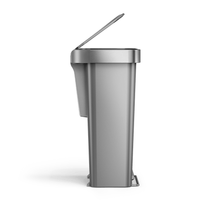 Profile view of Simplehuman 45L Hybrid Step Can, Brushed Stainless Steel, lid partially open, hands-free pedal.