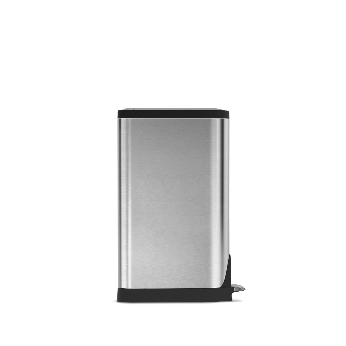Front view of Simplehuman 30L Butterfly Step Can, Brushed Stainless Steel, with hands-free foot pedal.