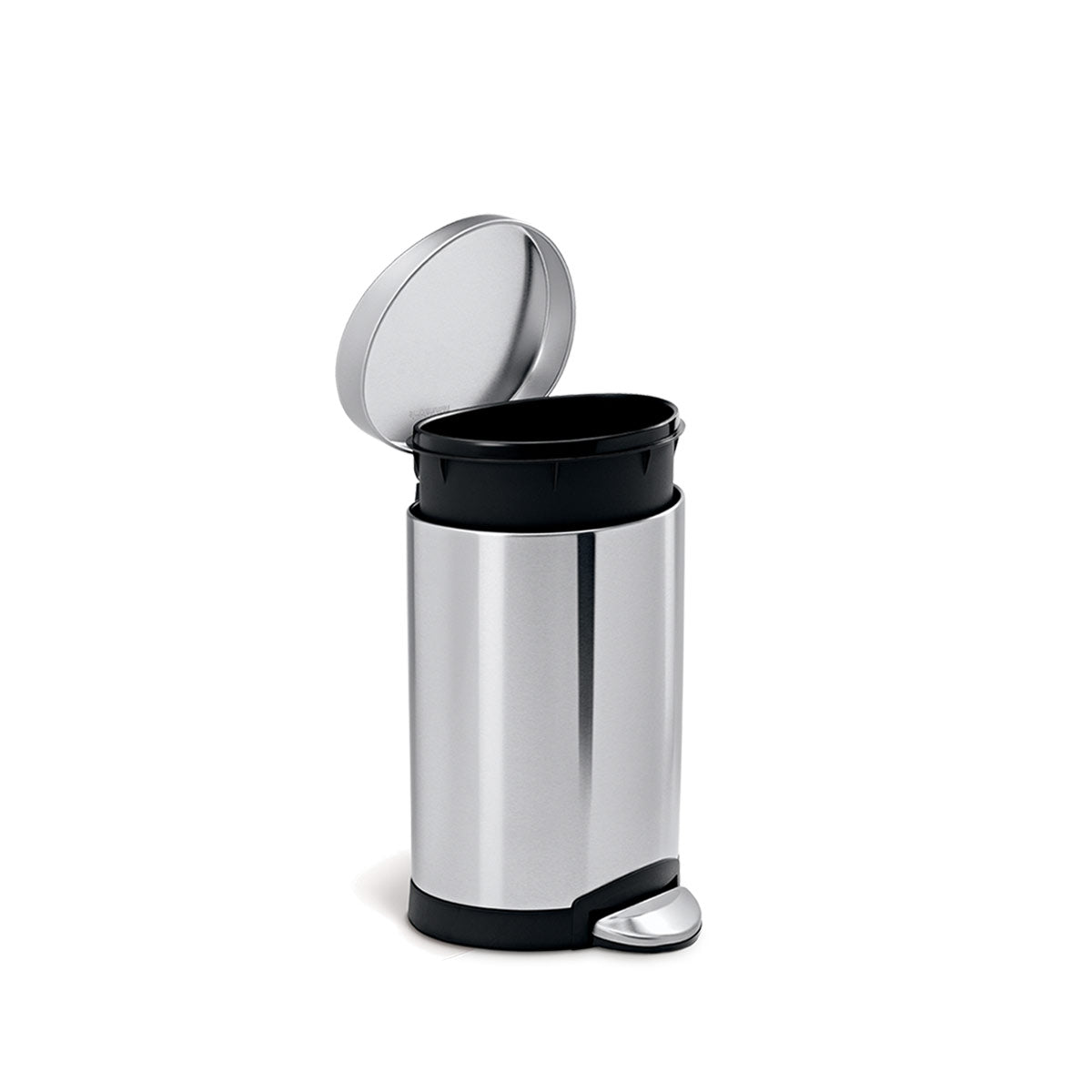 Angled view of Simplehuman 6L Semi-Round Step Can, Brushed Stainless Steel, hands-free pedal and removable liner.