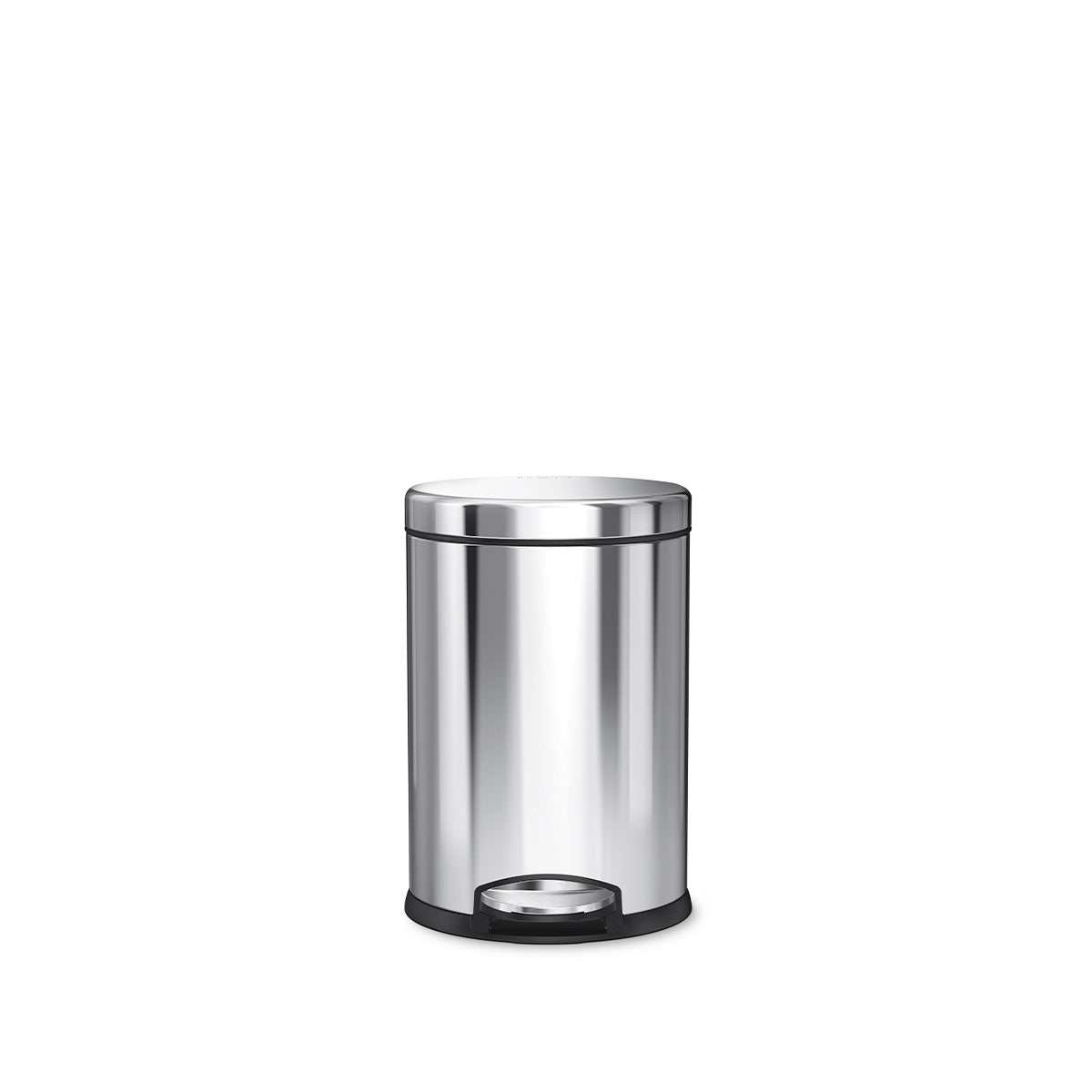 Front view of Simplehuman 4.5L Round Step Can in Polished Stainless Steel, hands-free pedal.