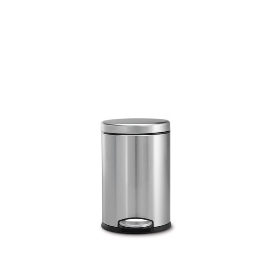 Front view of Simplehuman 4.5L Round Step Can in Brushed Stainless Steel, hands-free operation