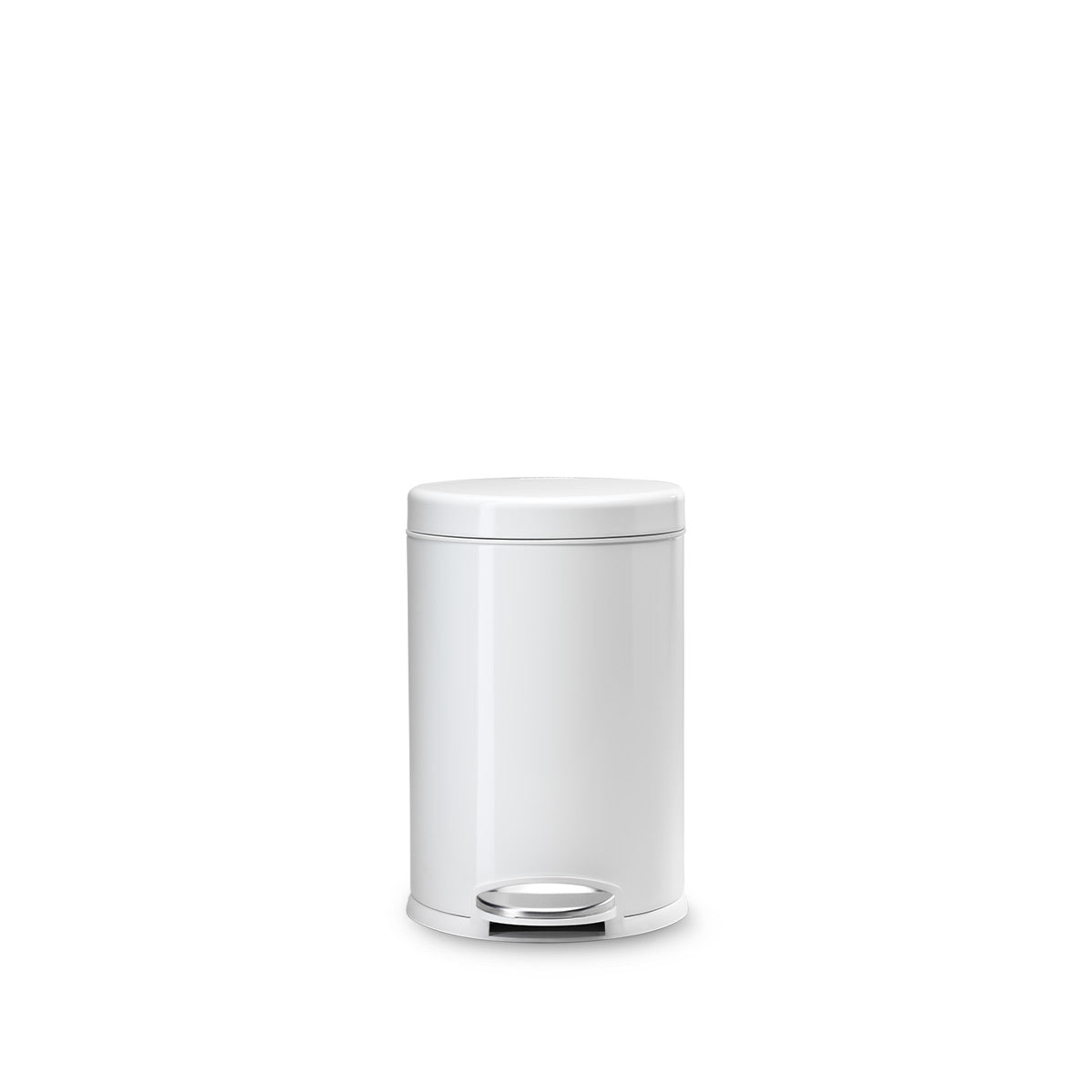 Front view of Simplehuman 4.5L Round Step Can in White, hands-free operation.