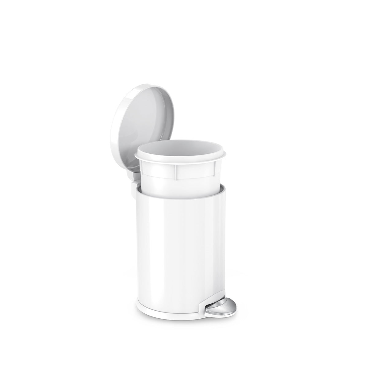 Open view of Simplehuman 4.5L Round Step Can in White, showing removable liner and hands-free pedal.