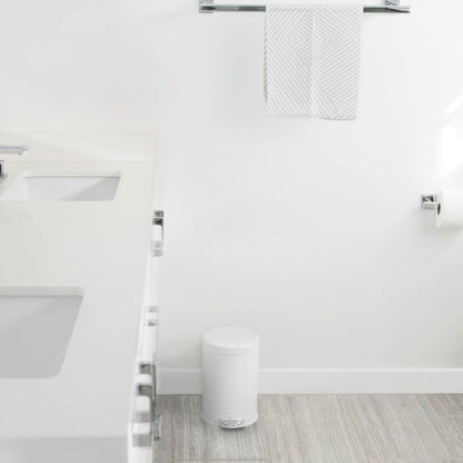 Simplehuman 4.5L Round Step Can in White, compact for modern bathroom use, hands-free pedal.