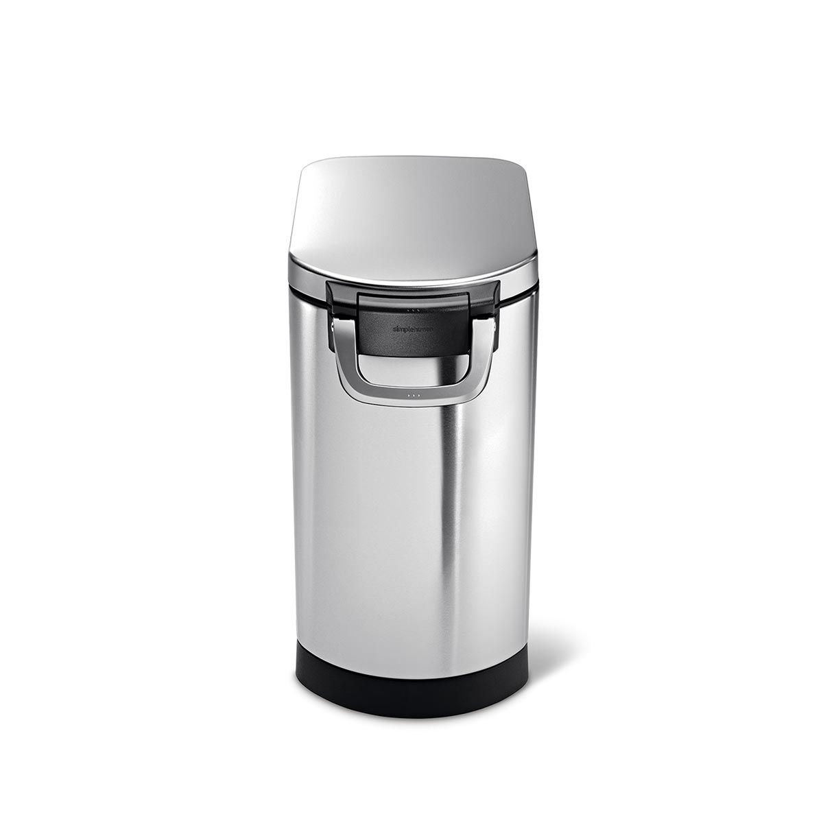 Front view of Simplehuman Large Pet Food Can, Brushed Stainless Steel, with secure airtight locking handle.