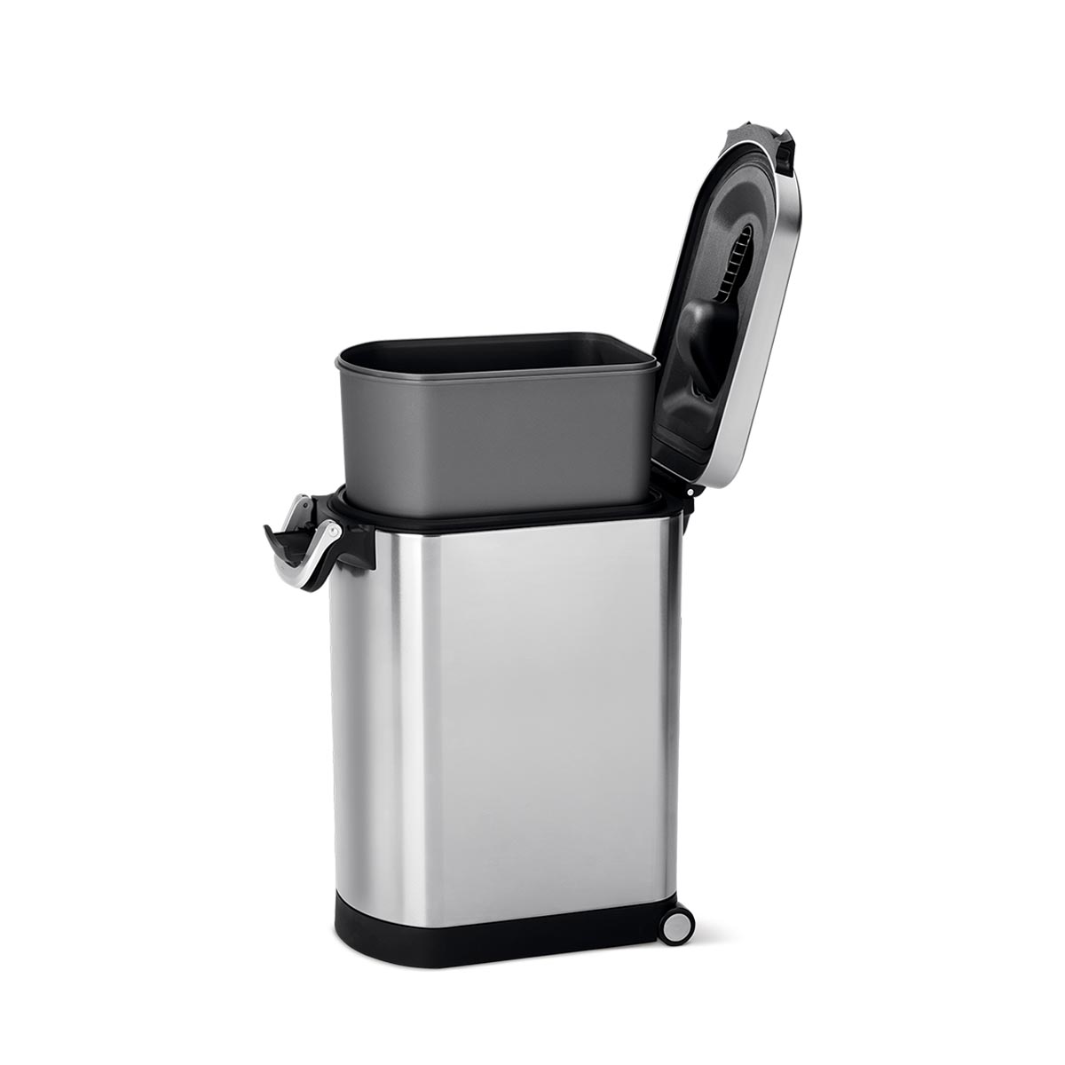 Angled view of Simplehuman Large Pet Food Can, Brushed Stainless Steel, open with removable food liner and wheels.