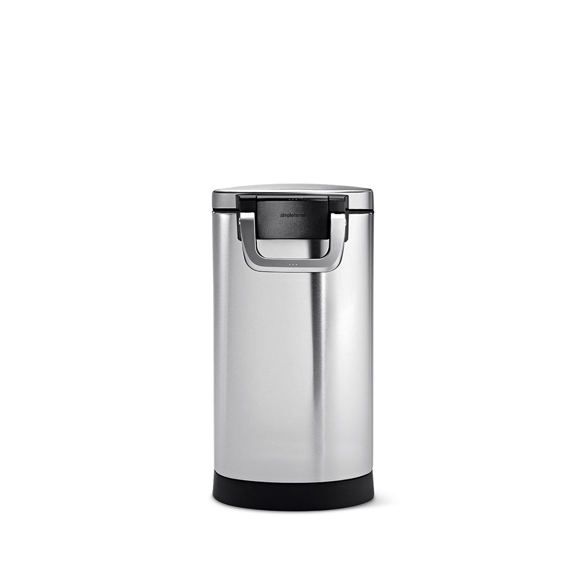 Front view of Simplehuman Medium Pet Food Can, Brushed Stainless Steel, with airtight locking handle.