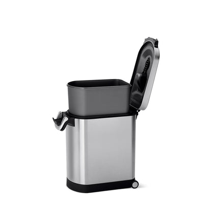 Simplehuman Medium Pet Food Can, Brushed Stainless Steel, open view showing removable inner bucket and airtight seal.