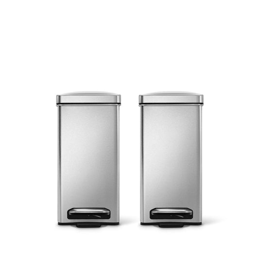 Duo view of Simplehuman Brushed Stainless Steel Profile Step Cans, hands-free, space-saving.