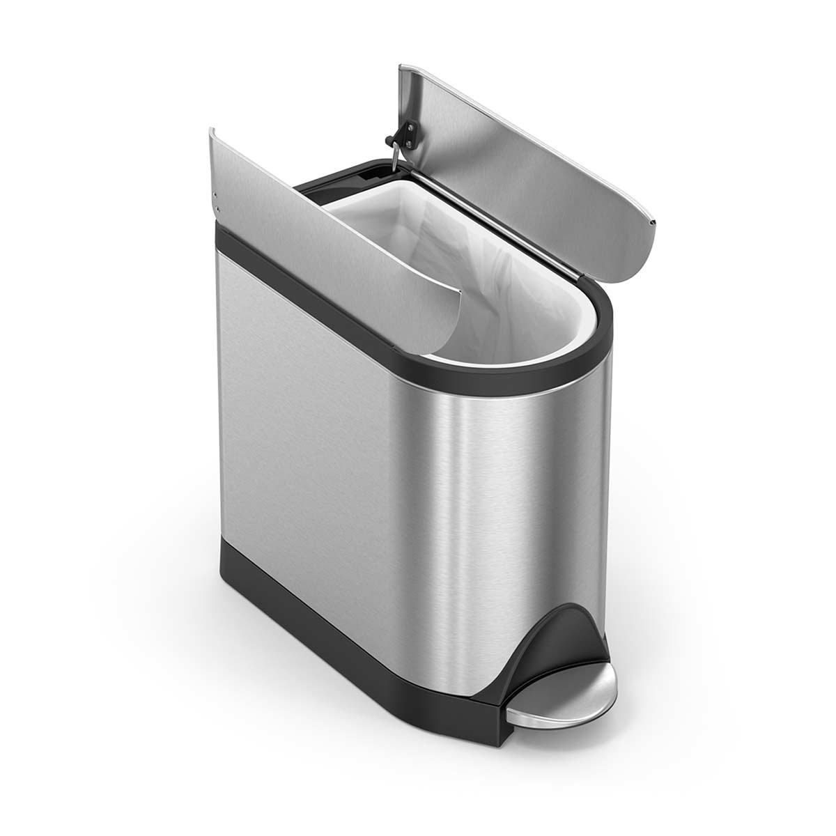 Simplehuman 10L Butterfly Step Can in Brushed Stainless Steel showing open split lid mechanism.