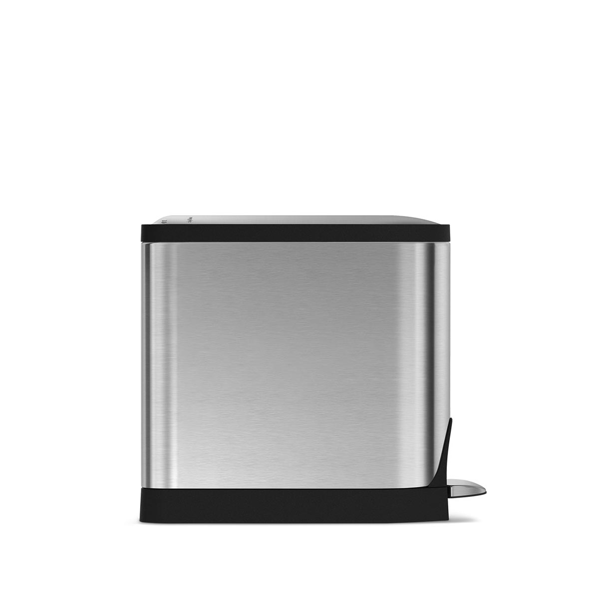 Front view of Simplehuman 10L Butterfly Step Can in Brushed Stainless Steel, space-saving design, hands-free pedal.