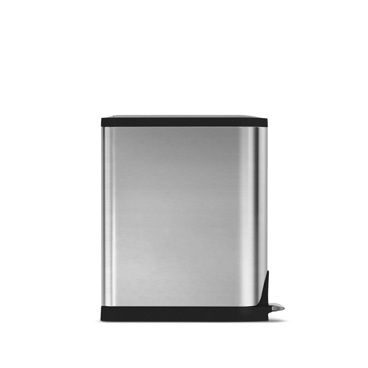 Front view of Simplehuman 40L Dual Compartment Step Can, Brushed Stainless Steel, hands-free operation.