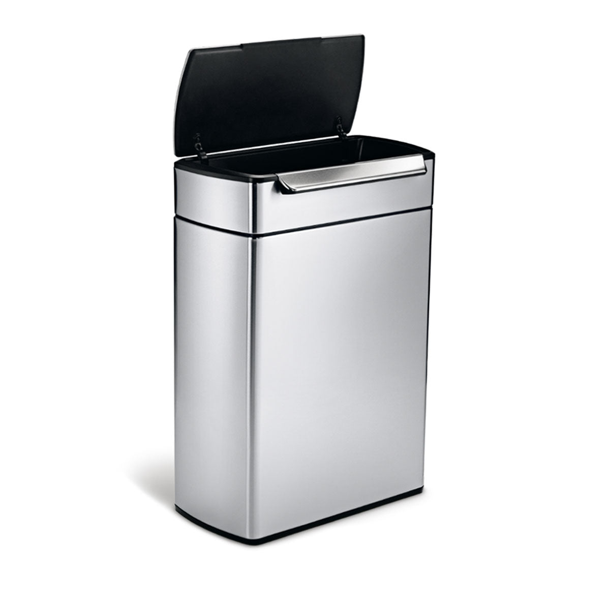 Angled view: Simplehuman 48L Dual Compartment Touch-Bar Can, Brushed Stainless Steel, wide access lid open.