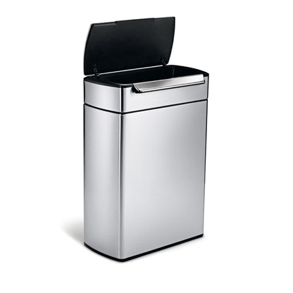 Angled view: Simplehuman 48L Dual Compartment Touch-Bar Can, Brushed Stainless Steel, wide access lid open.