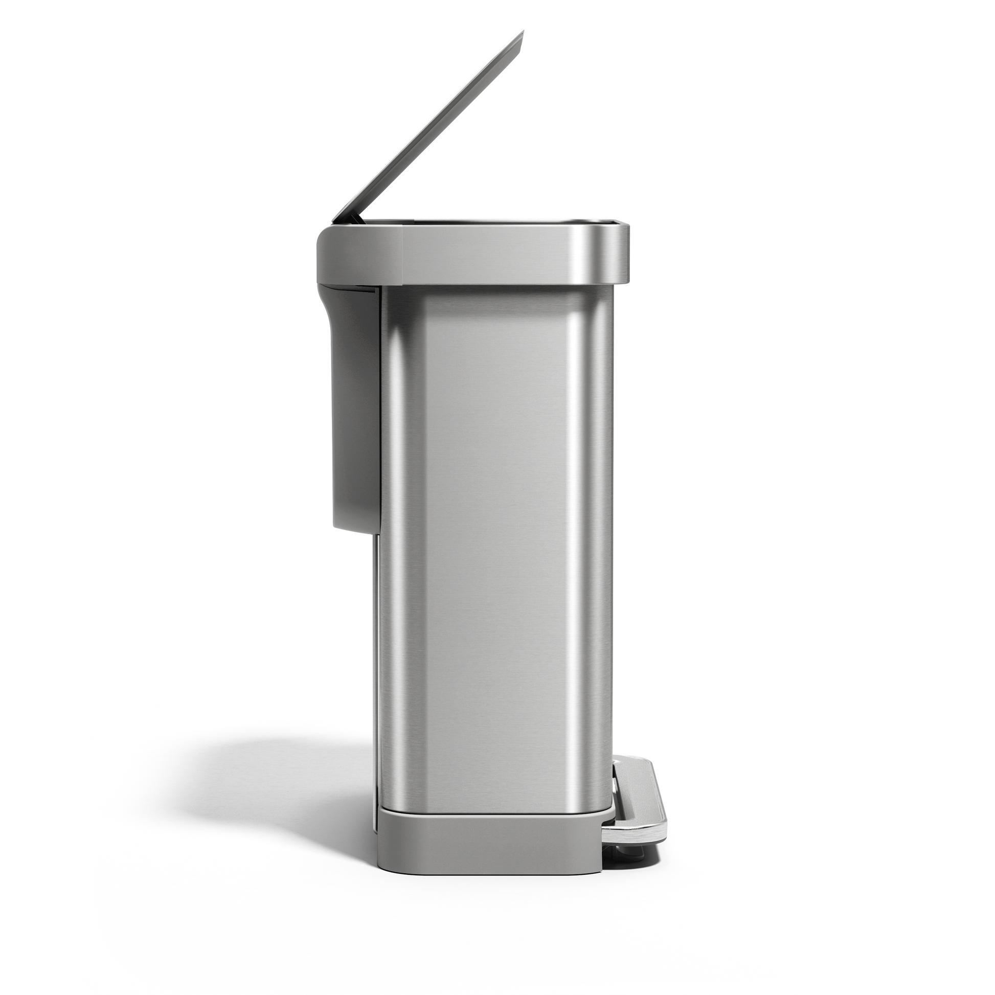 Profile view of Simplehuman 55L Rectangular Step Can in Brushed Stainless Steel with hands-free foot pedal.