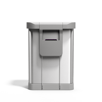 Back view of Simplehuman 55L Rectangular Step Can in Brushed Stainless Steel showing the liner pocket dispenser.
