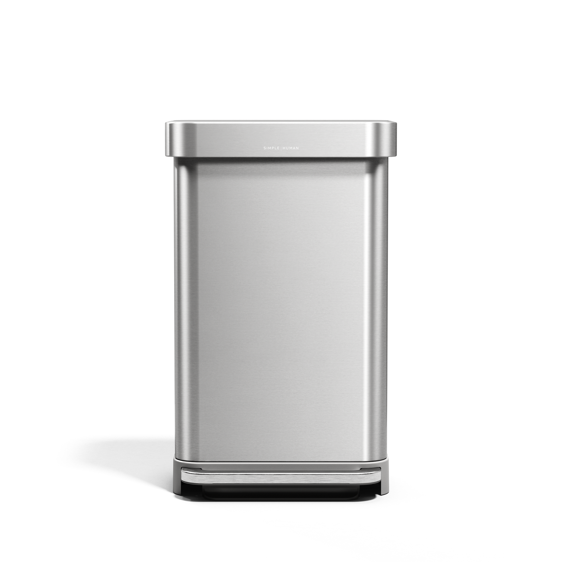 Simplehuman 45L Rectangular Step Can, Brushed Stainless Steel, hands-free pedal and internal liner pocket.