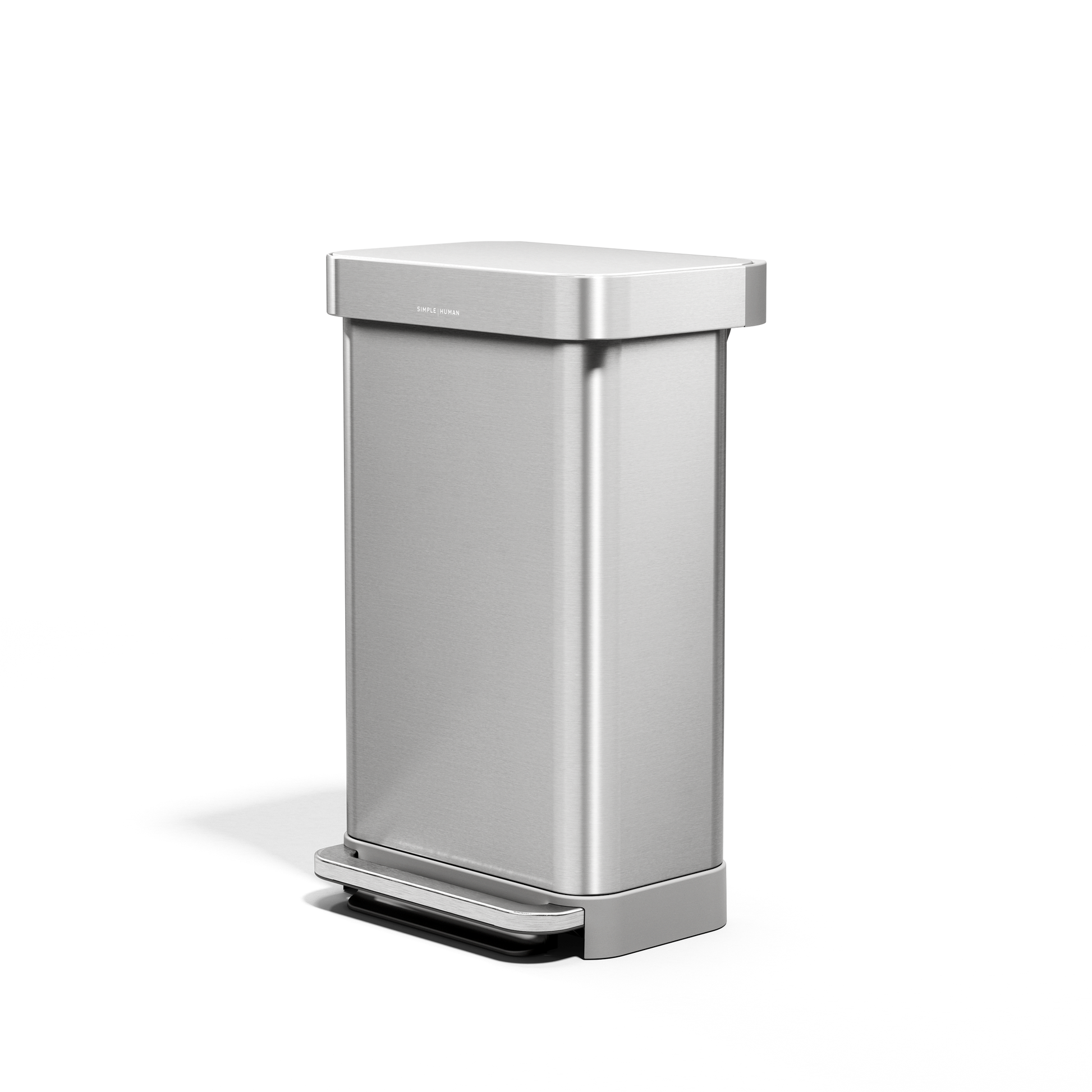 Angled view of Simplehuman 45L Brushed Stainless Step Can with hands-free pedal and liner pocket.