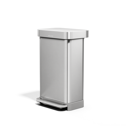 Angled view of Simplehuman 45L Brushed Stainless Step Can with hands-free pedal and liner pocket.