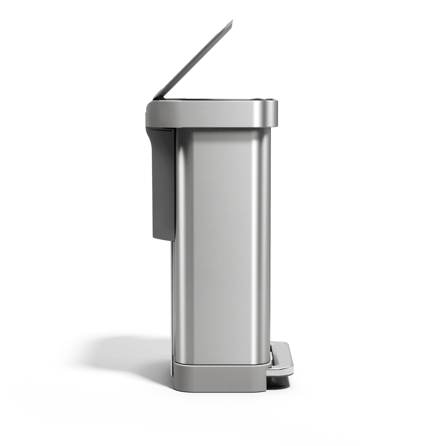 Side view of Simplehuman 45L Brushed Stainless Steel Step Can with lid open, hands-free pedal, and liner pocket.