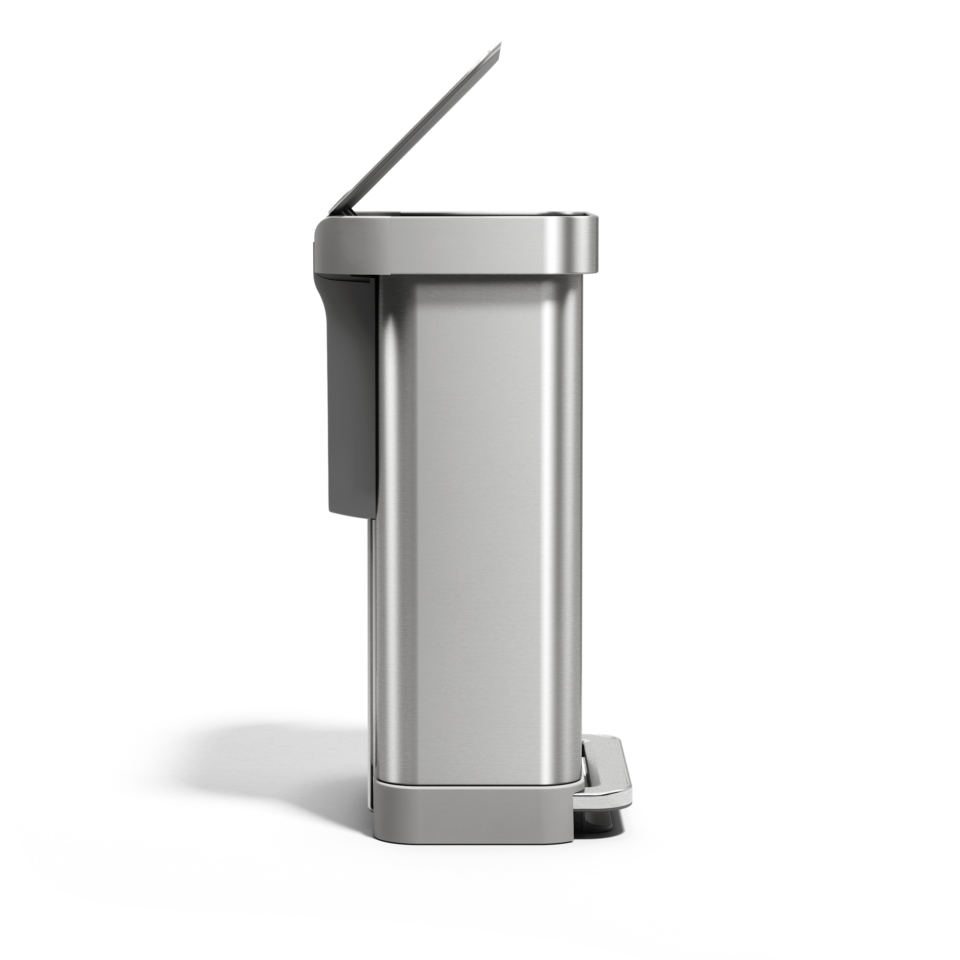 Side view of Simplehuman 45L Brushed Stainless Steel Step Can with lid open, hands-free pedal, and liner pocket.