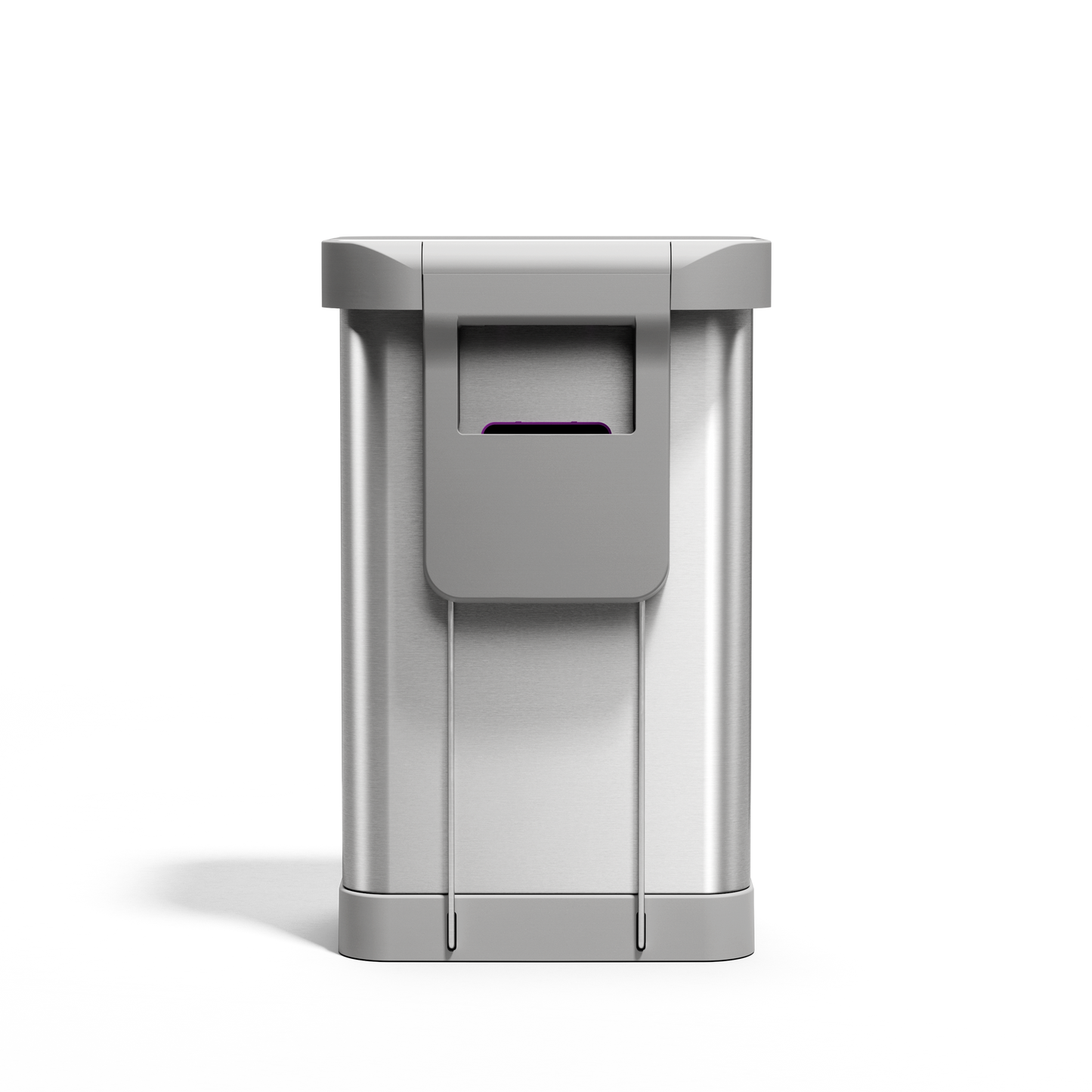 Front view of Simplehuman 45L Rectangular Step Can, Brushed Stainless Steel, showing liner pocket dispenser.