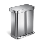Angled view of Simplehuman Brushed Stainless Steel Rectangular Step Can, dual compartments, hands-free pedal.