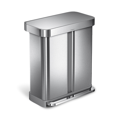 Angled view of Simplehuman Brushed Stainless Steel Rectangular Step Can, dual compartments, hands-free pedal.