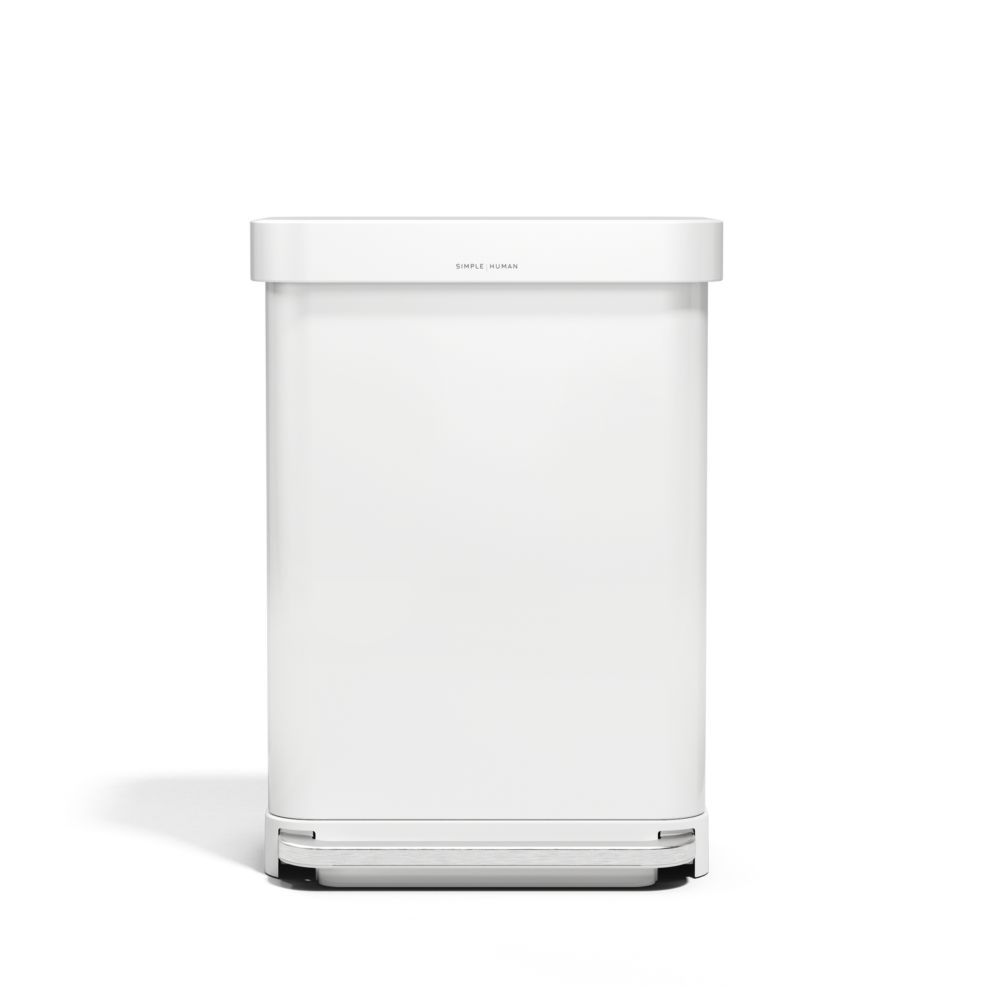 Simplehuman 55L Rectangular Step Can in White with hands-free foot pedal and liner pocket dispenser.