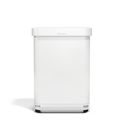 Simplehuman 55L Rectangular Step Can in White with hands-free foot pedal and liner pocket dispenser.