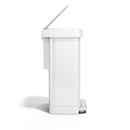 Simplehuman 55L Rectangular Step Can in White, side view with open lid and hands-free foot pedal operation.