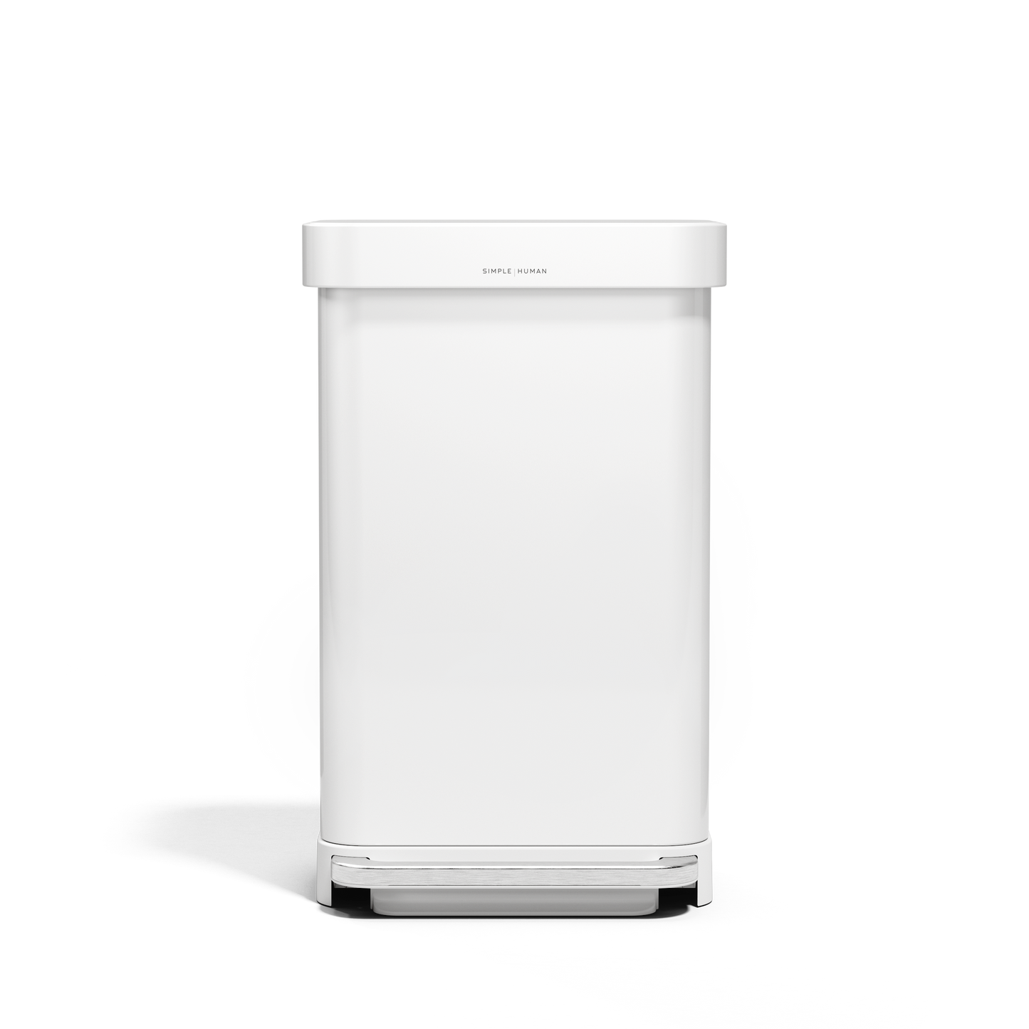 Front view of Simplehuman 45L White Step Can, hands-free pedal, liner pocket.