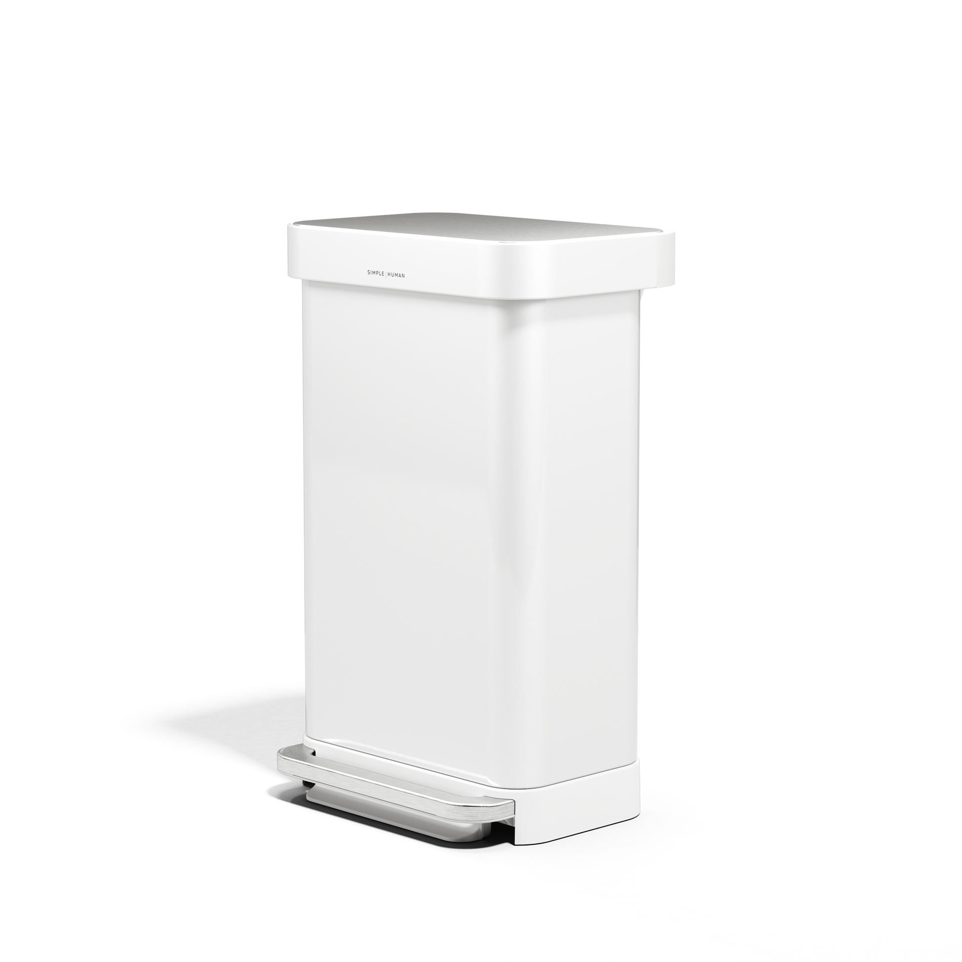 Angled view of Simplehuman 45L White Step Can with Brushed Stainless Steel pedal, liner pocket.