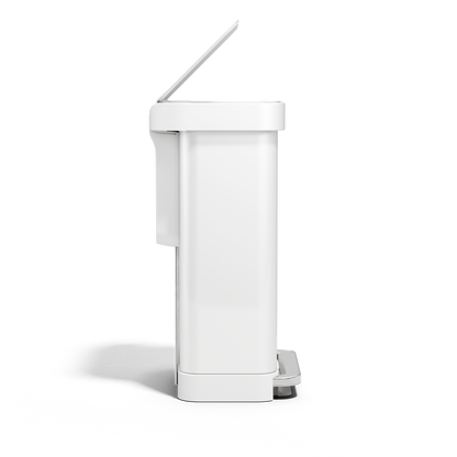 Strict side view of Simplehuman 45L White Step Can with lid open, hands-free step pedal.