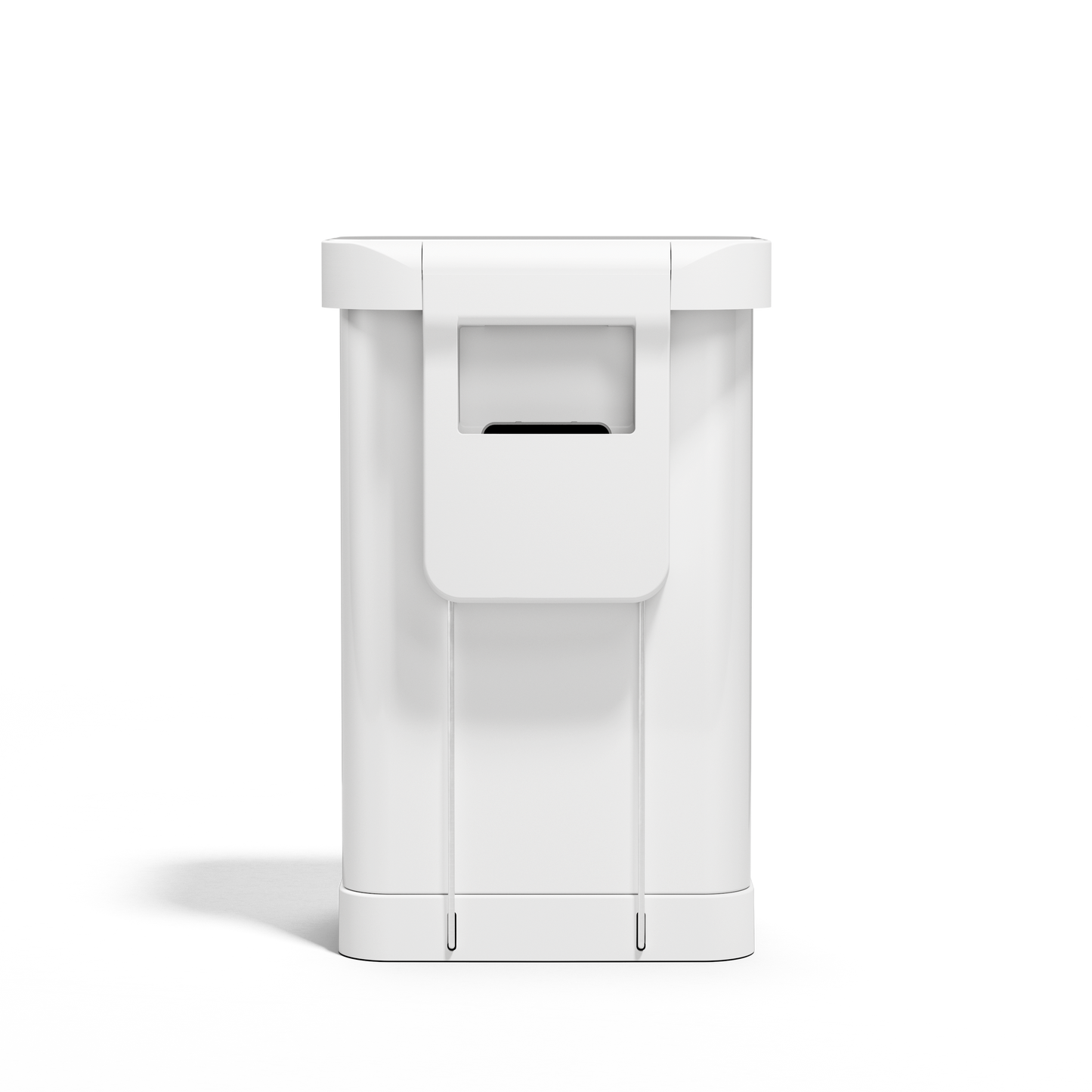 Back view of Simplehuman 45L White Rectangular Step Can showing the integrated handle.