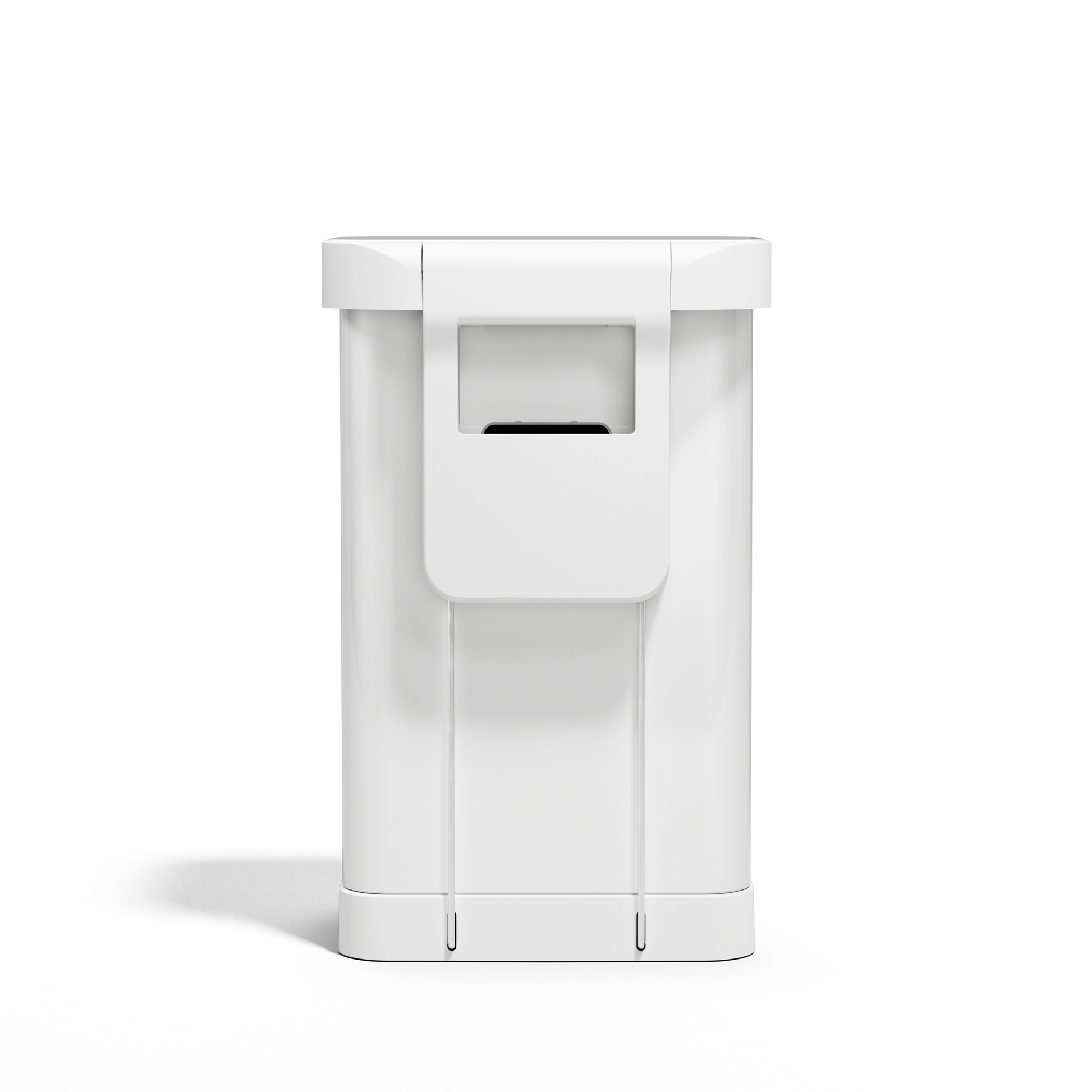 Back view of Simplehuman 45L White Rectangular Step Can showing the integrated handle.