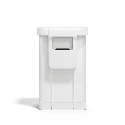 Back view of Simplehuman 45L White Rectangular Step Can showing the integrated handle.