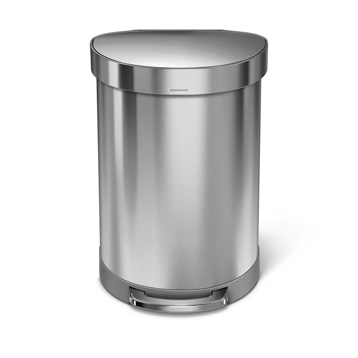 Angled view of Simplehuman 60L Semi-Round Step Can, Brushed Stainless Steel, with hands-free pedal and Liner Rim.