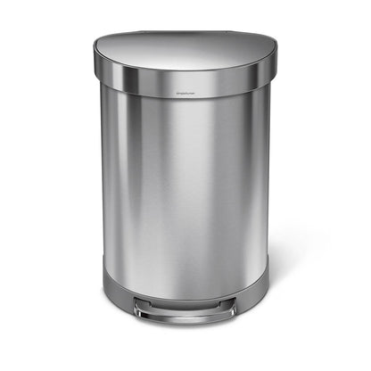 Angled view of Simplehuman 60L Semi-Round Step Can, Brushed Stainless Steel, with hands-free pedal and Liner Rim.