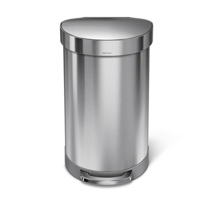 Angled view of Simplehuman 45L Semi-Round Step Can in Brushed Stainless Steel, hands-free foot pedal, liner rim.